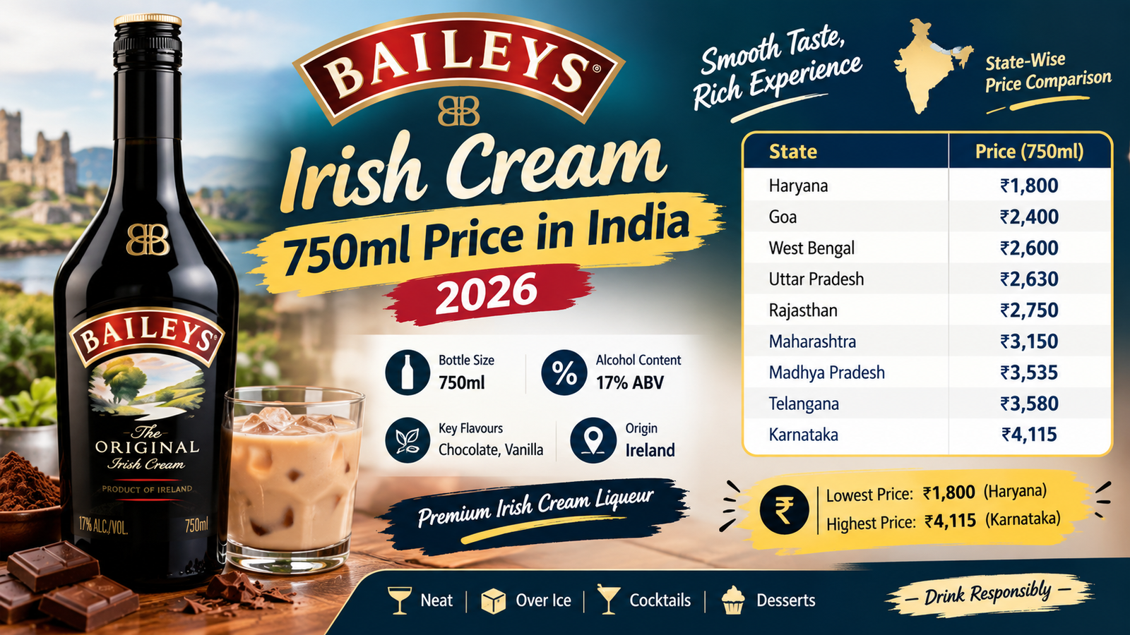 Baileys Irish Cream 750ml Price in India 2026: State-Wise Price, ABV, Taste and More
